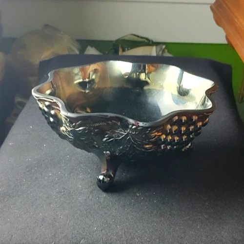Large Vintage Northwood Grapes & Gable  Carnival Glass Bowl - Marked - AS-IS