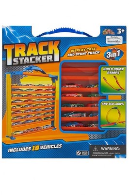 Track Stacker 3-in-1 Display Case with 10 Die-Cast Cars and Stunt Track