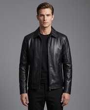Men's Black Leather Biker Jacket Slim Fit Motorcycle Cafe Racer Jacket