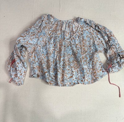 Anthropologie Longsleeve Shirred Floral Blouse Top Small E5
