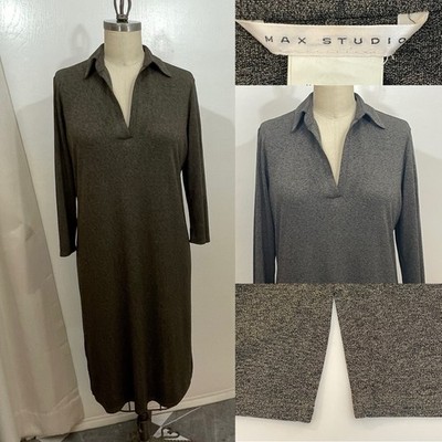 Max Studio Size L Large Pullover Collared Polo Style Dress Brown Black Weave
