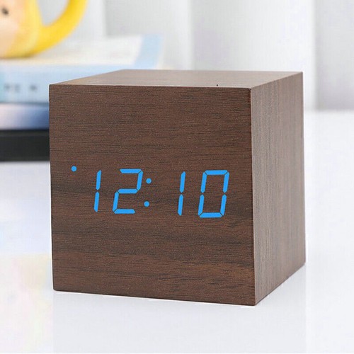 New Digital Wooden LED Alarm Clock Desktop Table Decor Thermometer Voice Control - Picture 4 of 28