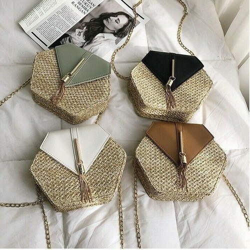 Esagono Paglia Borsa Borsa Donna Rattan Borsa Spiaggia Spalla Borse  Tracolla | eBay