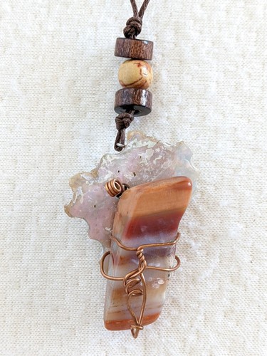 Artisan Petrified Wood Stone Mother of Pearl Shell Copper Wound Pendant Necklace - Picture 3 of 11