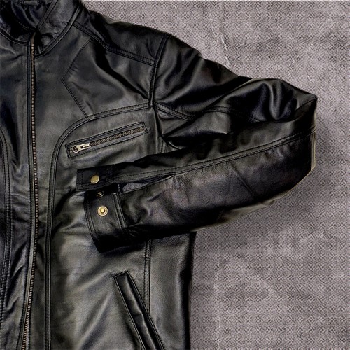 Chaqueta de cuero para hombre Chaqueta de cuero de cordero negra genuina Chaqueta de cuero ajustada - Imagen 2 de 3