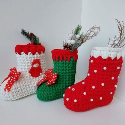 Set Of 2 Vintage Granny Santa Claus Christmas Stocking Hand Crocheted