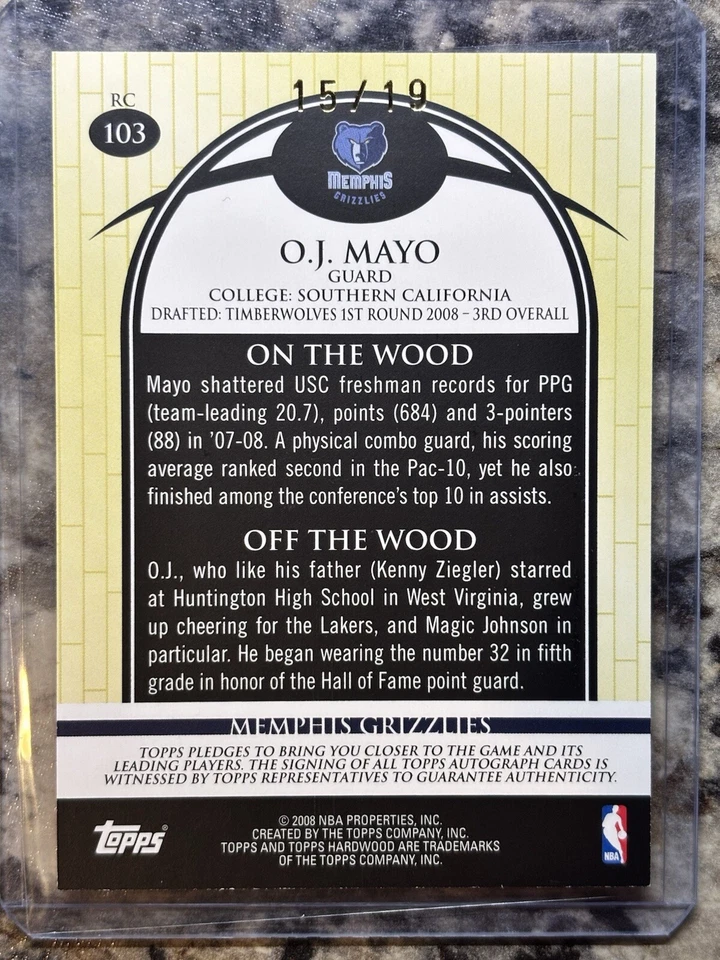 2008-09 Topps Hardwood #103 O.J. Mayo Rookie Auto RARE GOLD 15/19 RC Grizzlies - Image 2 of 2