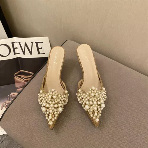 Damen-Pantoletten spitz zulaufend Perlen Kätzchen mittelhohe Absätze Slipper modische elegante Schuhe Pumps - Bild 13 von 13