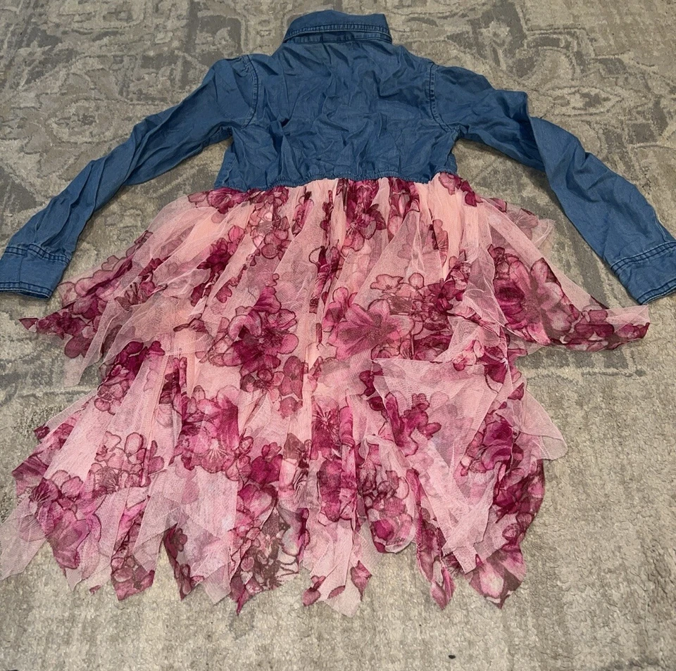 Justice 女孩长袖牛仔连衣裙粉色花卉裙 12 — 第 2/3 张图片