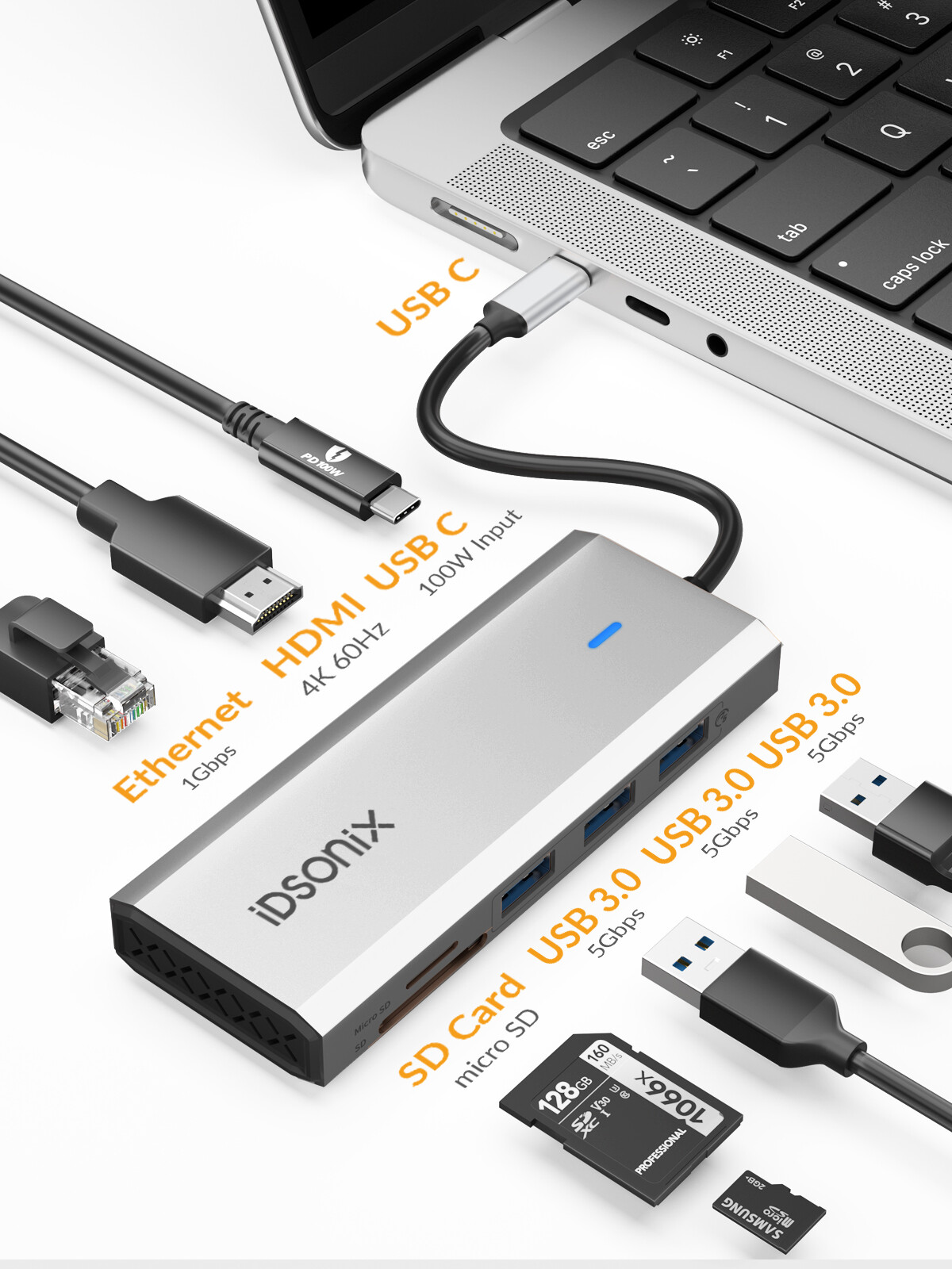 8in1 Multiport USB-C Hub Type C To USB 3.0 HDMI 4K@60Hz Adapter Docking Station