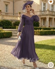 Missacc Plum Off-Shoulder Long Sleeve Chiffon A-Line Dress SMBD12811