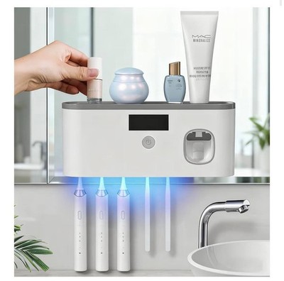 Wall Mounted Toothbrush Holder with Toothpaste Dispenser UV Sterilizer 5 Slots