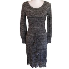 Alice + Olivia Size S Dorie Grey Marled Midi Sweater Dress Wool Cashmere Fringe