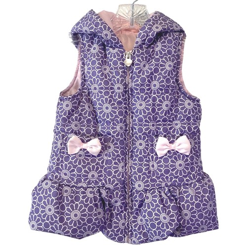 Girls Purple Floral Ruffle Puffer Vest Hooded Bows Heart - Size 4