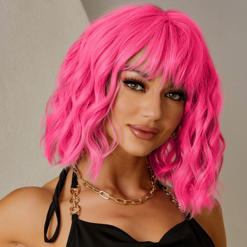 Short Pink Wigs for Women Short Wavy Hot Pink Wigs with Bangs Synthetic Pink ...