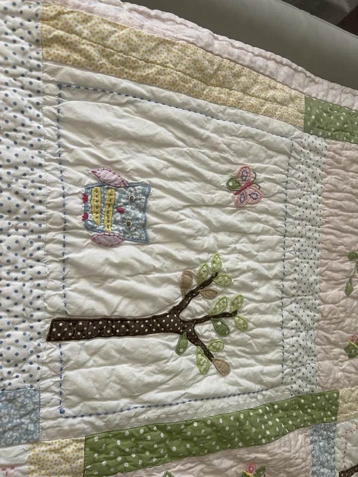 Pottery Barn Kids Hayley Owl Crib Quilt Butterflies Bird Trees Pink White Green  - Image 4 of 4