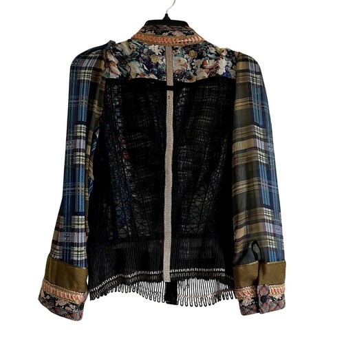 Byron Lars Beauty Mark Fringed Plaid Patchwork Lace Media Jacket size 10 C3 - Bild 3 von 3