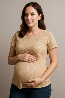 Vintage Mumsies Beige Lace Maternity Top Made in USA Short Sleeve Lined 80s 90s