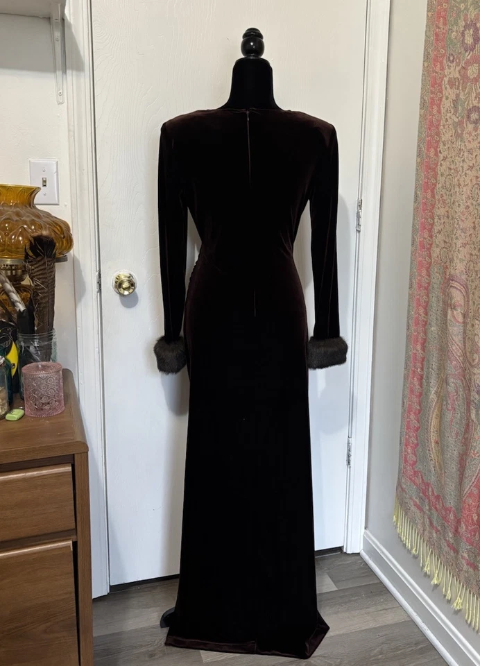Vintage CACHET Faux Fur Brown Velvet Trim Surplice Maxi Dress Size 6 Elegant - Image 3 of 4