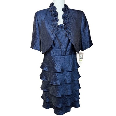 R&M Richards Women's Size 14 Navy 2-Piece Tiered Party Dress & Bolero Jacket