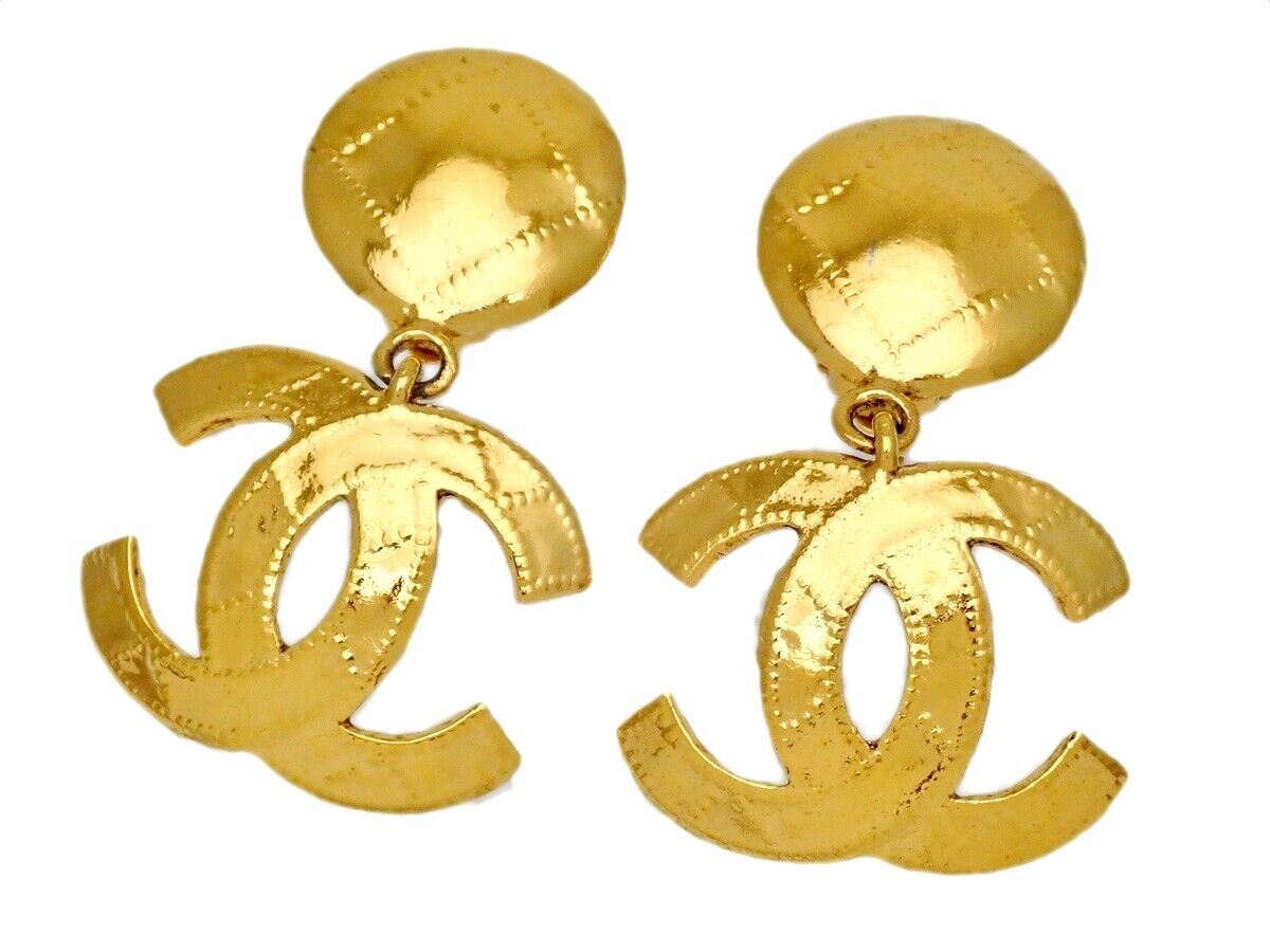 Authentic Vintage Chanel clip on earrings CC logo double C large dangle  #da087