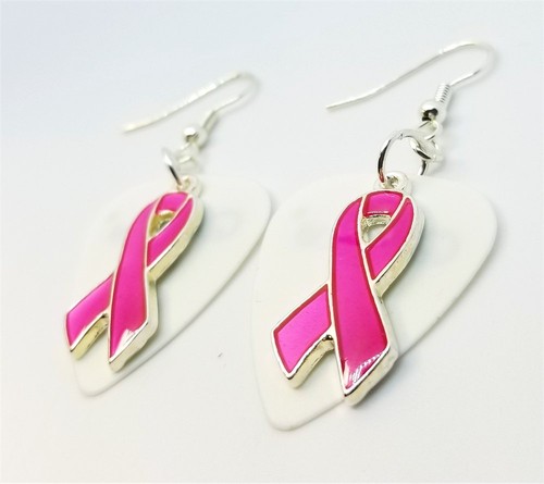 Fuchsia Ribbon Charm Guitar Pick Earrings with Surgical Steel Earwires - Picture 2 of 11