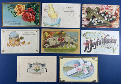 8 EMB,Gold Trim Mixture Easter Antique Postcards. Flowers, Chicks, Rabbit, Cross
