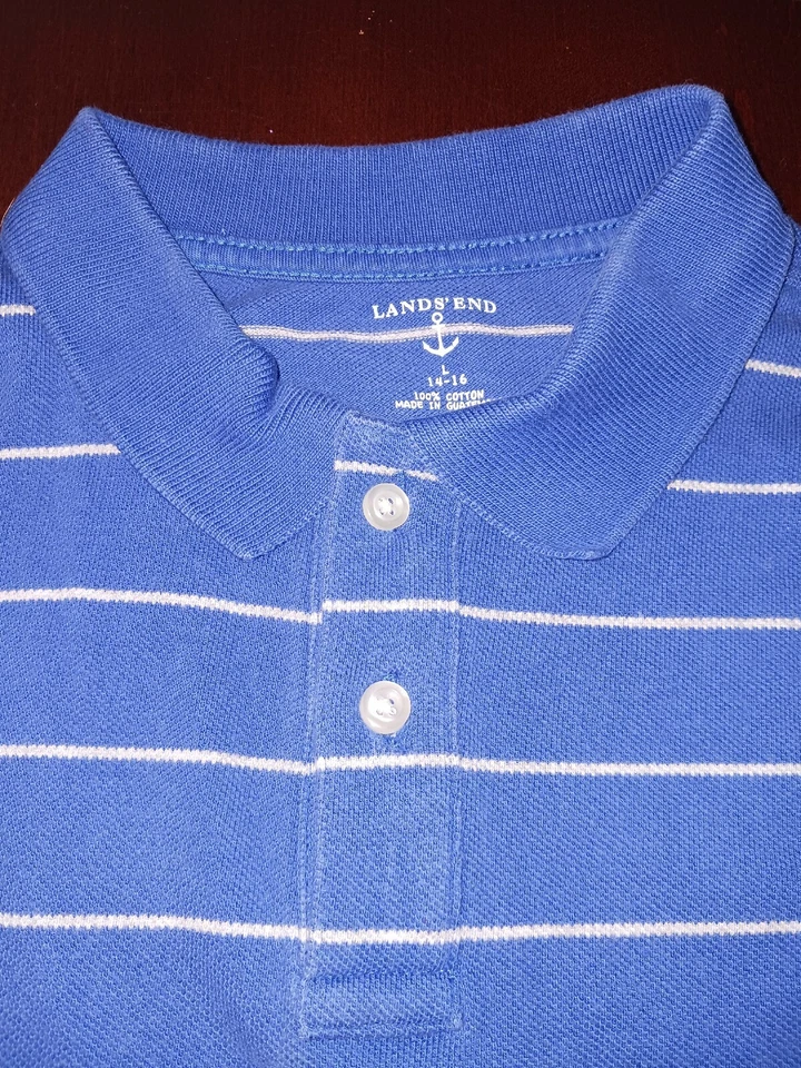 Lands End Polo Shirt Boys Large 14-16 Blue/White Striped Long Sleeve Preppy - Image 3 of 4