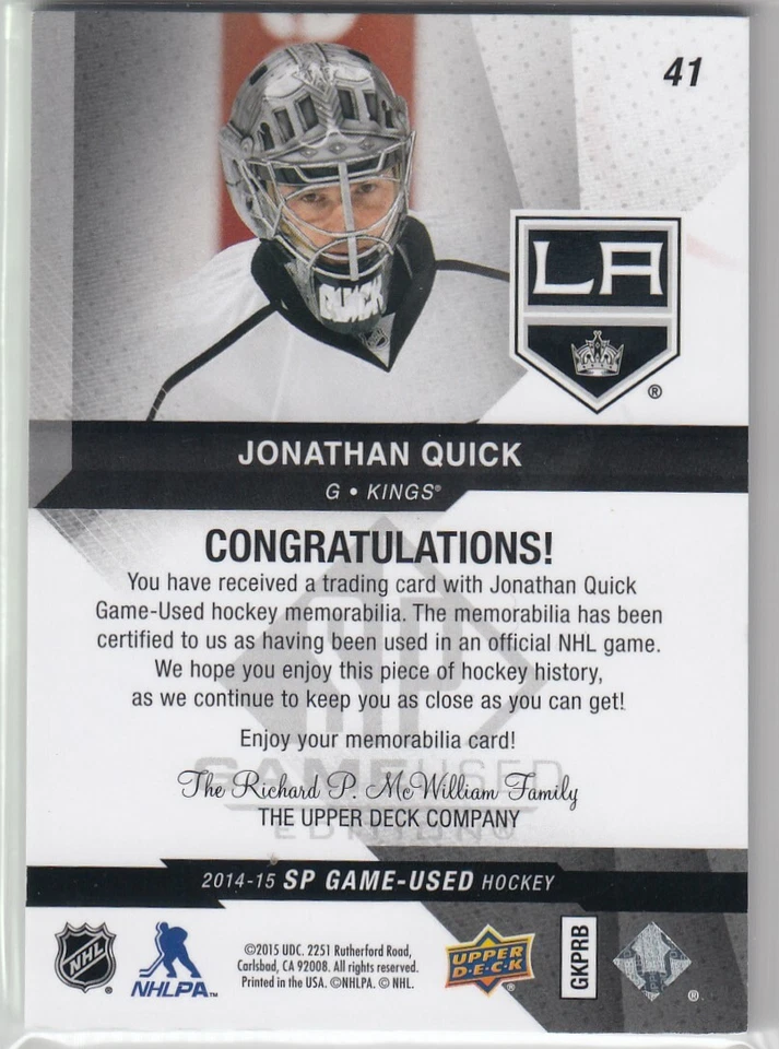 2014-15 SP Game Used Gold Spectrum Materials #41 Jonathan Quick 33/50 - Image 2 of 2