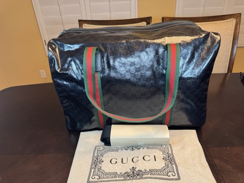 New Authentic Gucci GG Supreme Logo Crystal Canvas Duffle Travel Bag Black - Picture 15 of 15
