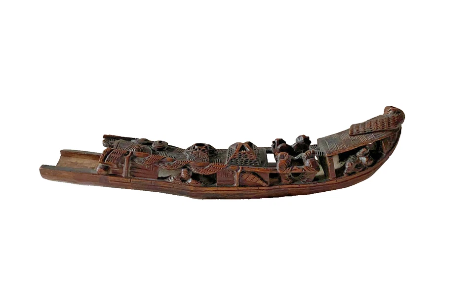 Chine Ancien -  Bateau Pêche Déco en Bambou Sculpté avec 8 Personnages - 19ème - Photo 3/4