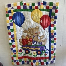 Vintage Cuddle-Me Teddy Bear Baby Quilt Crib Blanket Balloon Hearts Made USA