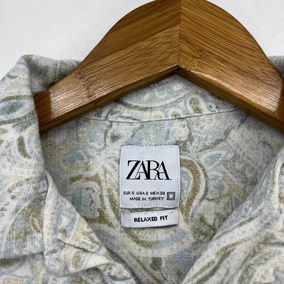 Camisa Zara Manga Corta Botones Para Hombre S Azul Estampado Paisley Calce Relajado *Encogido* Foto 4 de 4