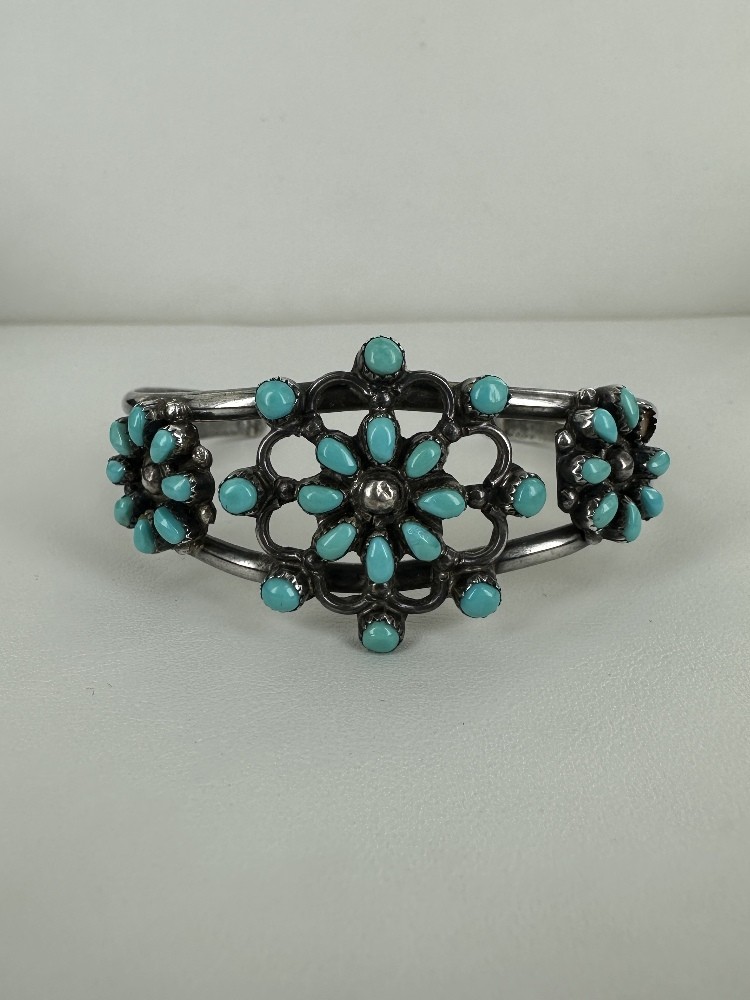 Vintage Sterling Silver A&R Gasper Zuni Turquoise Petit Point Cuff Bracelet