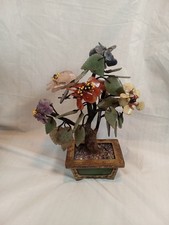 Vintage Chinese Hard Stone Bonsai Tree with Brass  Jade Pot