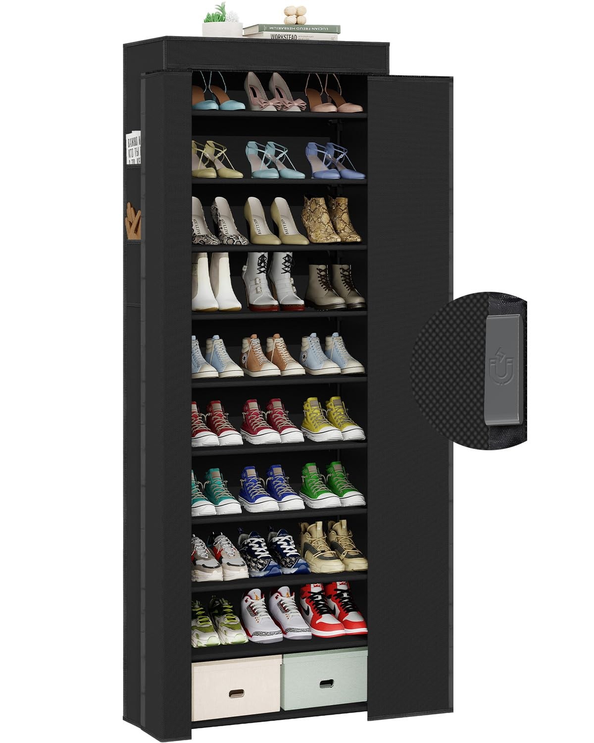 Tall 10-Tier Shoe Rack with Magnetic Closure Cover for Organized Storage-image