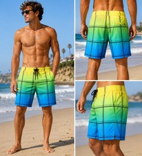Hang Ten Men  s 38 Tri Color Ombre Gradient Grid Plaid Board Shorts Surf Swim