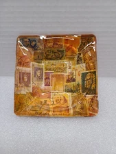 Vintage Postage Stamp Ashtray Glass Square Decoupage 