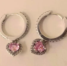 New Genuine Pandora Pave Pink Sparkling Halo Heart Hoop Drop Earrings 291445C01