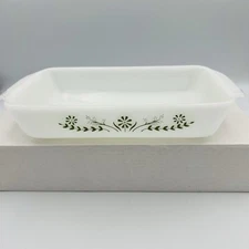 Glasbake Green Daisy Milk Glass Dish Casserole Meatloaf White Rectangular USA