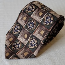Geoffrey Beene Geometric Tie Brown Green Beige Blue Silk Woven Made in USA