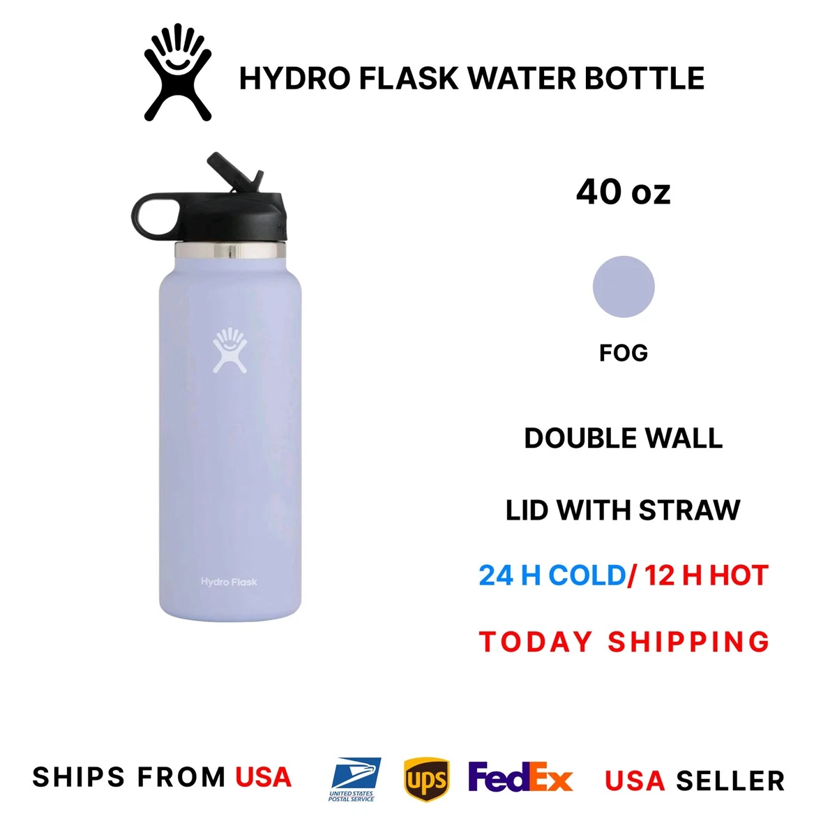 24 COLD & 12 HOT Hydro Flask Water Bottle Stainless Steel 40 oz With Straw  Lid🔥