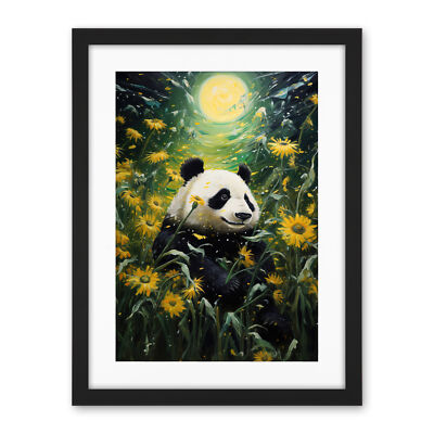 Midsummer Night's Panda Dream Full Moon Sunflower Field Framed Art Print 18X24