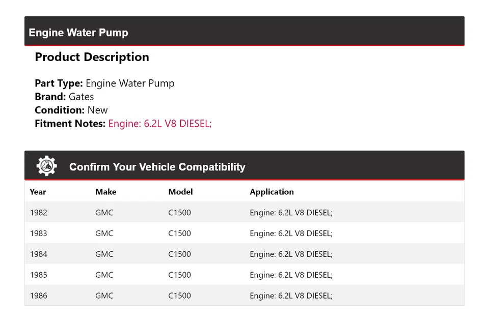 Para GMC C1500 1982-1986 6,2 L V8 motor diésel bomba de agua puertas 1983 1984 1985 Foto 2 de 4