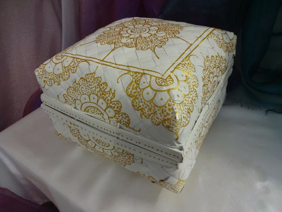 3er Set Balinesischer Tempelkorb Bambus handbemalt Korb Truhe Weiß/Gold Asiastyl - Bild 4 von 4