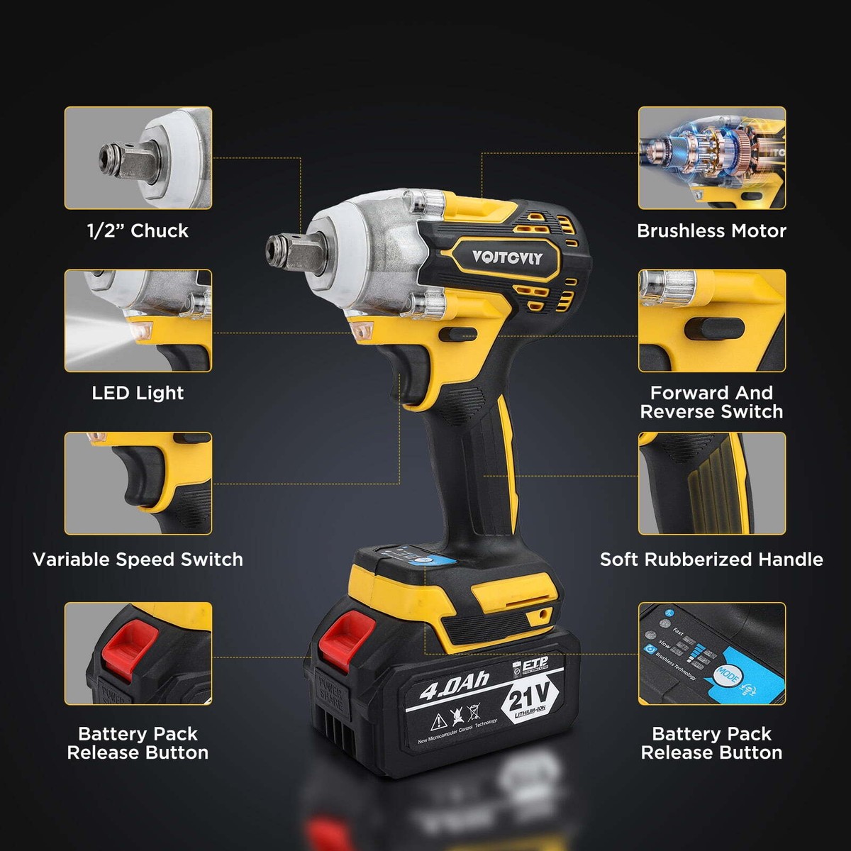 Car Drill Gun 21V Cordless Electric Impact Wrench With Brushless Motor ...
