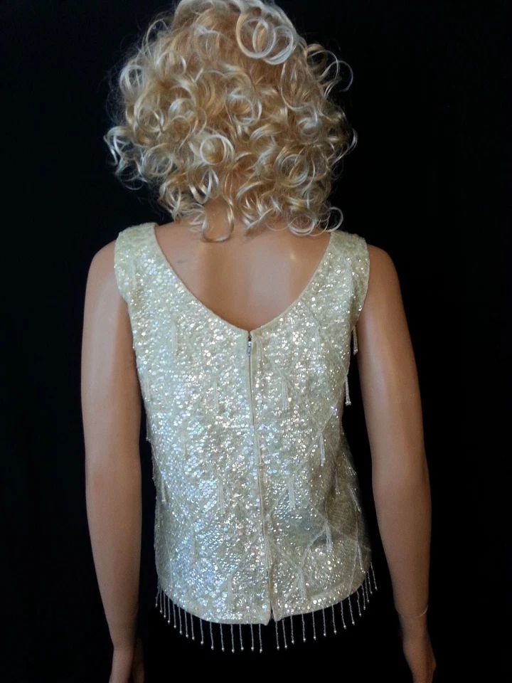 复古 50 60 年代 Flapper 串珠奶油色上衣衬衫 Slvless 正式假日派对 S-to SMed — 第 4/4 张图片