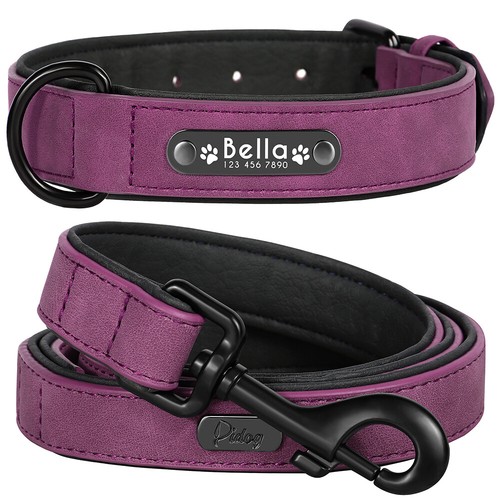 Collar y plomo de Piel Suave Acolchada Personalizable para Perro, Nombre Número - Picture 8 of 38