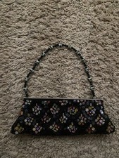 Black Beaded Evening Clutch Purse w/ Detachable Chain Strap Formal Wedding Prom