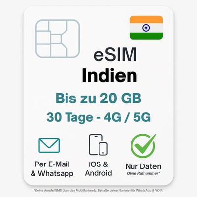 Indien eSIM Datentarif digitale e SIM - per Mail- ohne Telefon Nummer